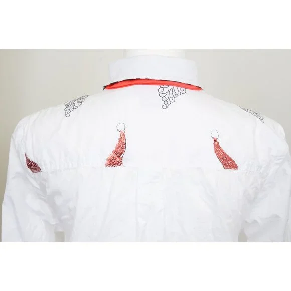 Jack B Quick Button-Down Shirt Red Sequin Santa Striped Collar Accent Women SM - Picture 6 of 14